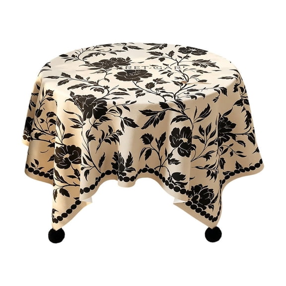 Round Tablecloth Black Floral Beige Fabric Farmhouse Table Top 39 Inch Coffee Table Dust-Proof for Home Kitchen Holiday Party Dining Table