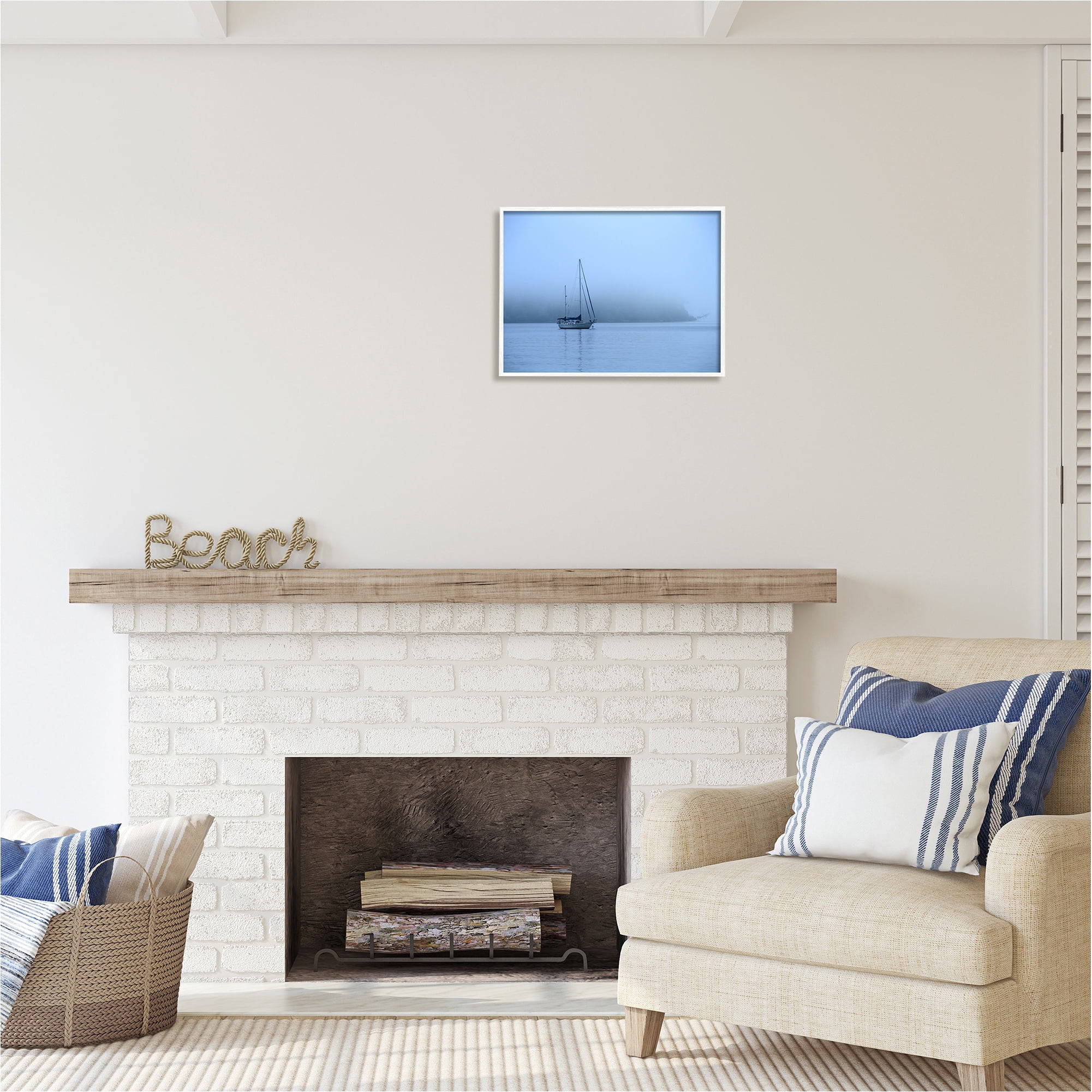 Stupell Industries Foggy Boat Sailing Landscape Photography White Framed Art Print Wall Art, 20 x 16