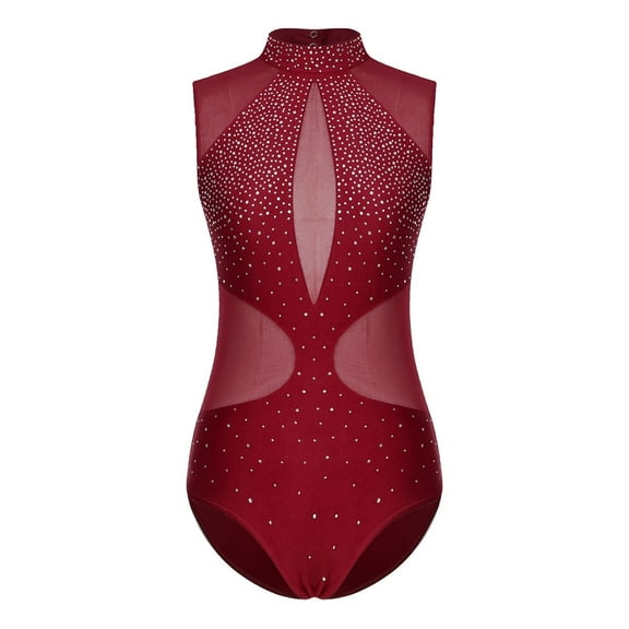Womens Rhythmic Gymnastics Jumpsuit Figure Skating Leotard Sheer Mesh Splice Sleeveless Ballet Bodysuit