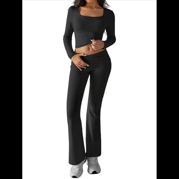 Conjuntos de Salón para Mujer, Conjuntos Casuales Y2K de 2 Piezas, Tops Cortos de Corta, Pantalones Acampanados con Pliegues y Chándales. Gris Oscuro L