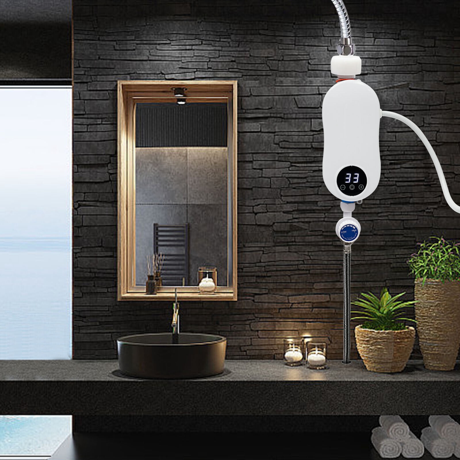Miumaeov 110V 3500W Mini Electric Tankless Instant Hot Water Heater with Shower Head for Home Kitchen Bathroom White