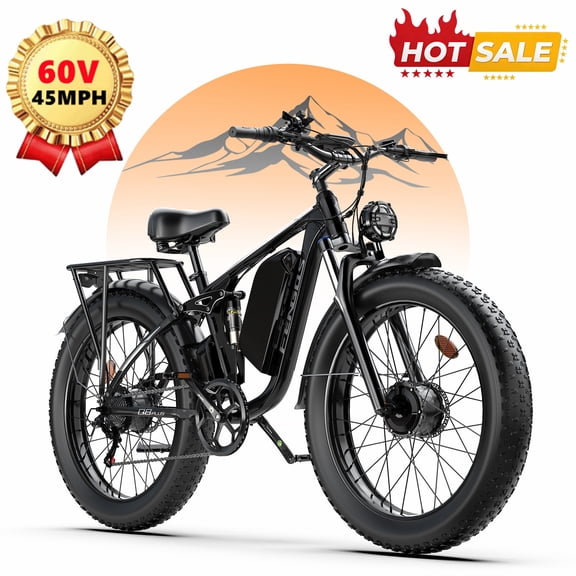 FENGQS 6000W Electric bike for Adults,100 Miless Long Range 45MPH Electric Bicycle,60V 1200WH Removable Battery,7 Speed with Full Suspension,Dual Hydraulic Disc Brake Ebike (Black)