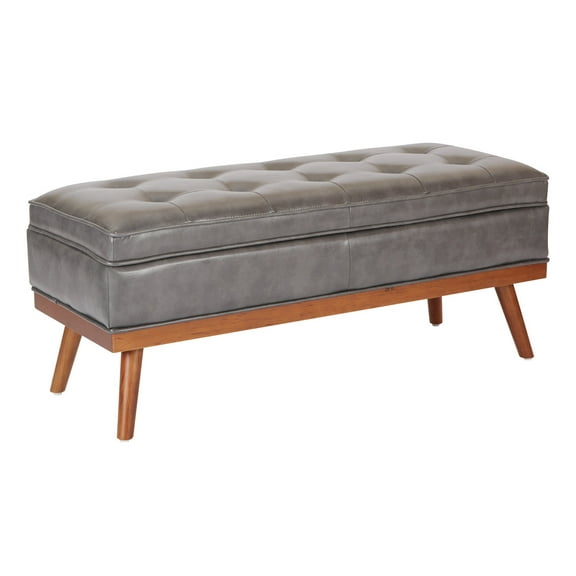 OSP Home Furnishings Katheryn Storage Bench in Deluxe Pewter Bonded Leather with Light Espresso Legs