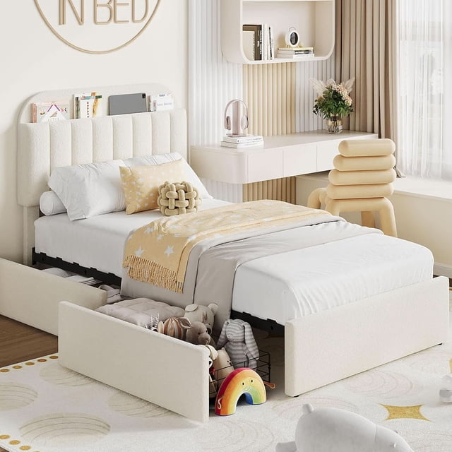Tamaño individual-size marco de cama con almacenamiento cabecero y 2 cajones - bouclé forrado cama de plataforma con estante de libros, fácil montaje, no box spring in beige blanca