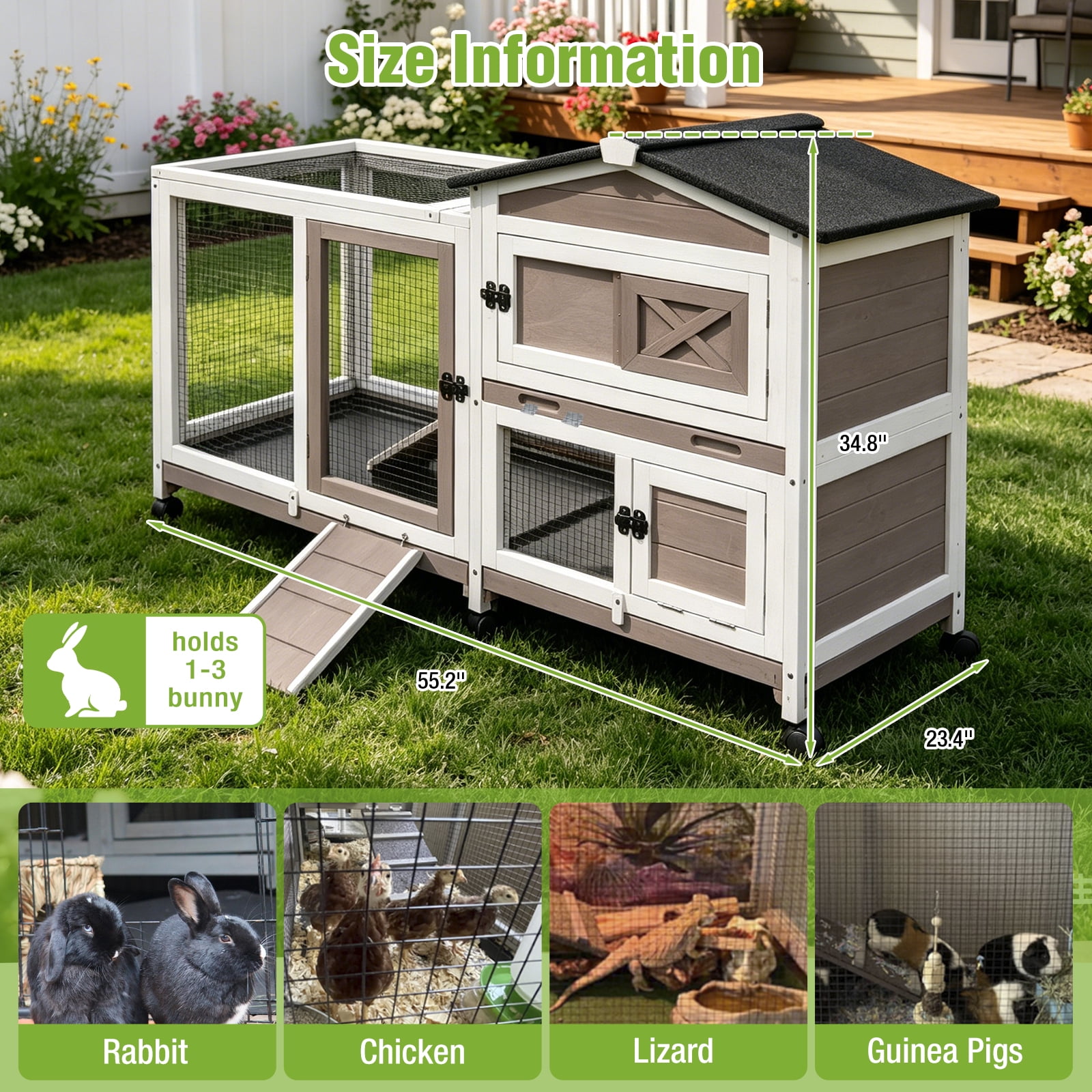 Aivituvin 55.2" Rabbit Hutch Indoor Outdoor, 2-Story Bunny Cage with Chew-Proof Full Metal Frame, 6 Locking Casters, 2 Pull-Out Trays for Rabbits Guinea Pigs Small Pets