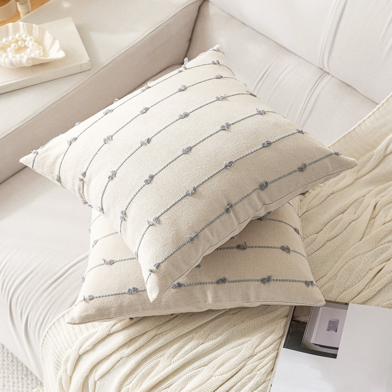 Skodaer Boho Throw Pillow Covers 18"x18" Set of 2 Modern Farmhouse Decorative Cushion Case Tufted Square Pillows Cover Neutral Pillow Cases Accent Pillowcase for Sofa, Couch, Bed,Grey