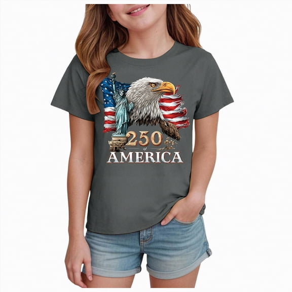 Duqingm Kids 4th Of July Shirts Toddler T-Shirt 250 Years American Anniversary Top 250th Independence Day T-Shirt for Boys and Girls Grey,5-6 Years