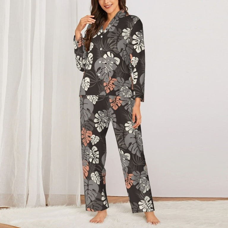 Banana leaves Pajamas for Women Set Comfy Long Sleeve Button Shirt and Pajama Pants Pjs Sets for Women 2 Piece Soft Sleepwear Ladies Pj Lounge Sets with Pockets Walmart
