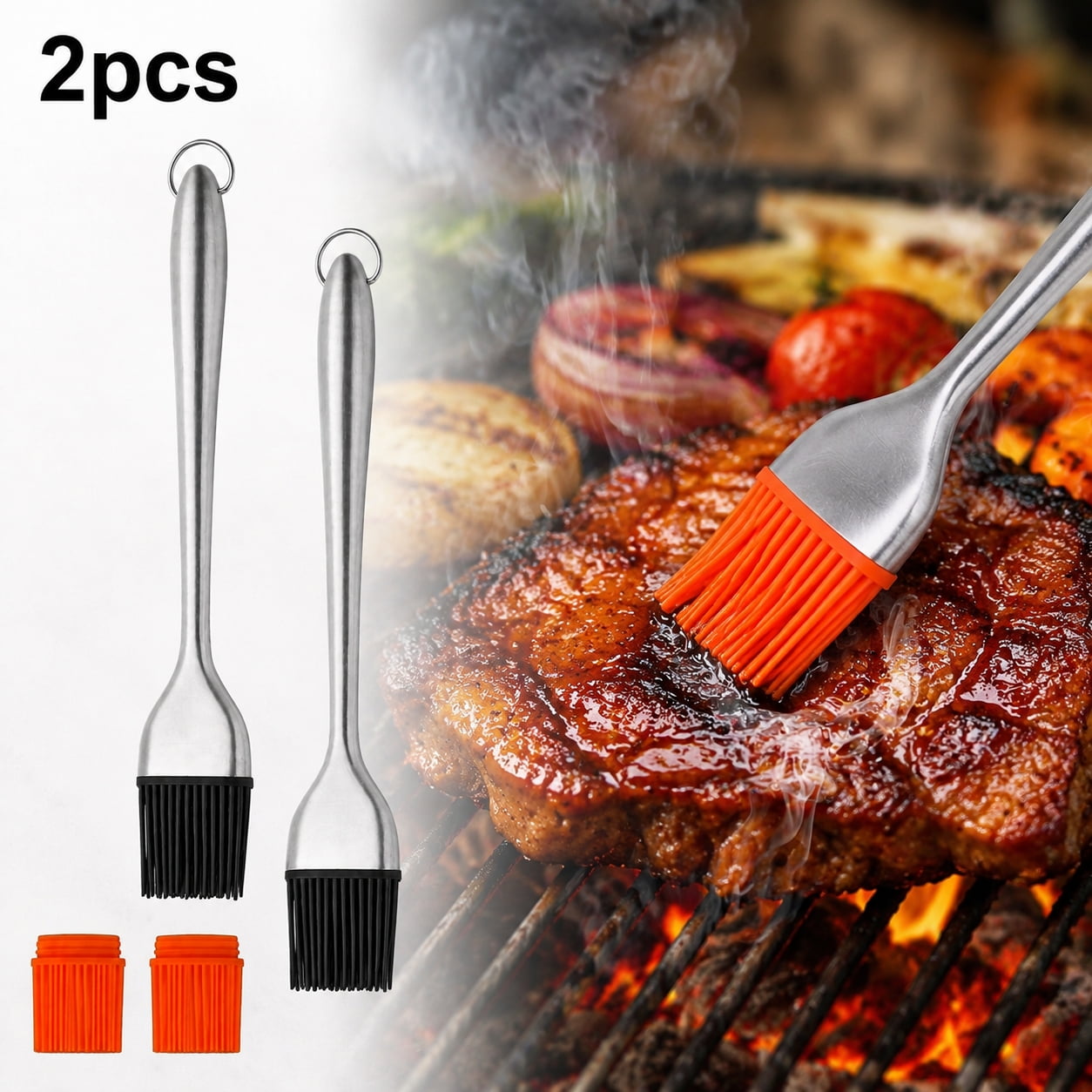 Basting Brush,Grill Brush,Oil Stainless Steel Brushes with Back up Silicone Brush Heads(Orange) for Kitchen Cooking & Marinating, Dishwasher,Grilling BBQ Baking, Pastry