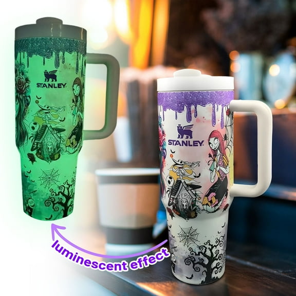 Sally and Jack Skellington Tumbler, Halloween Glow in The Dark Gothic Stainless Steel Travel Mug with Handle, Double Wall Insulated, Travel Mug with Lid & Straw, Roomy Hot/Cold Drink Cup