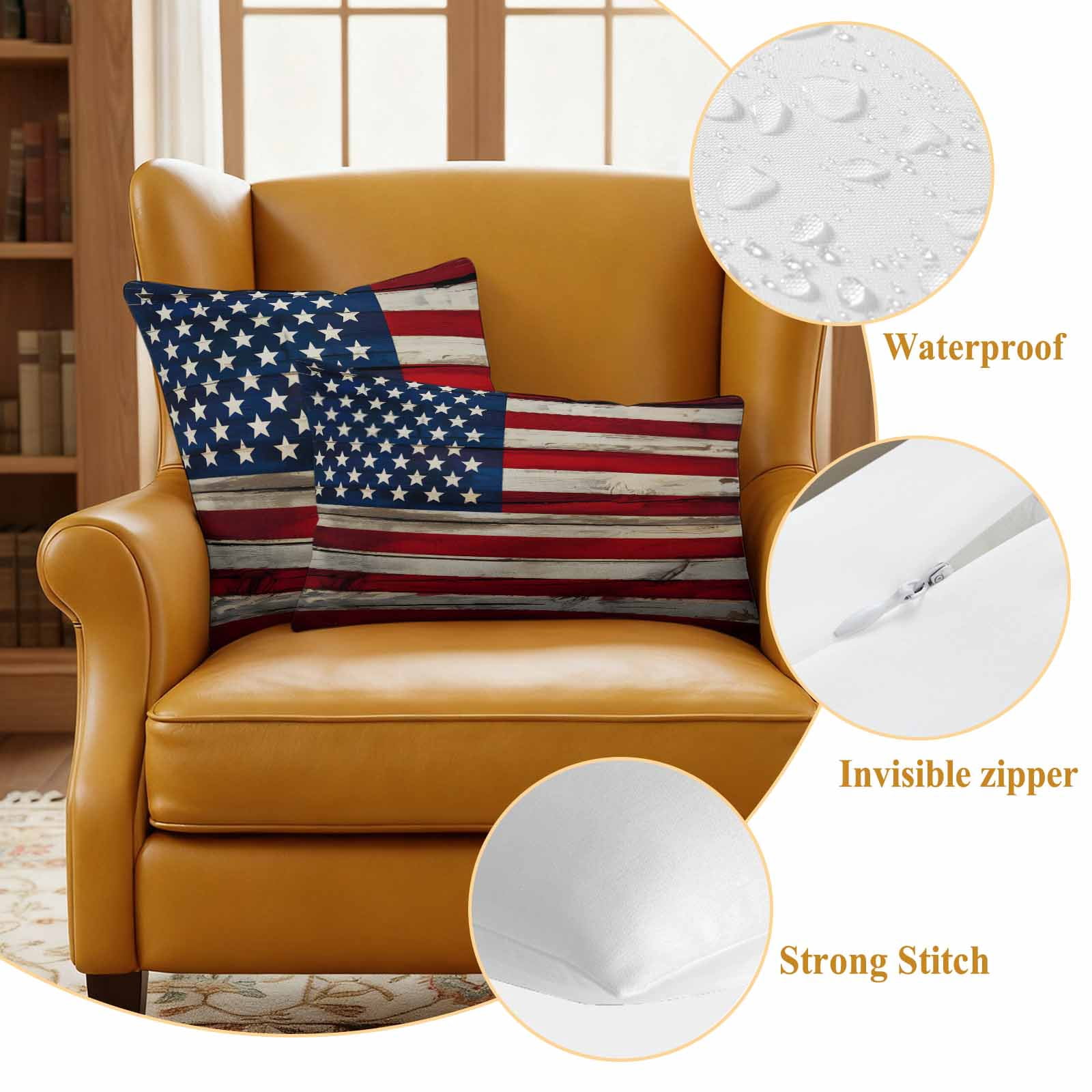 Independence Day Pillow Covers 2 Pack Retro American Flag Blue Star Red White Stripe Wood Pillowcase Waterproof Outdoor Throw Pillow Cover for Patio Garden Square Cushion 18”x18”