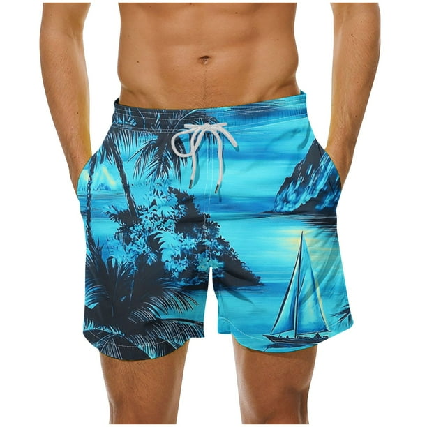 Pantalones Cortos Casuales de Impresión Hawaiana de los Hombres, Poliéster de Secado Rápido con Forro de Malla para la Playa Y la Piscina