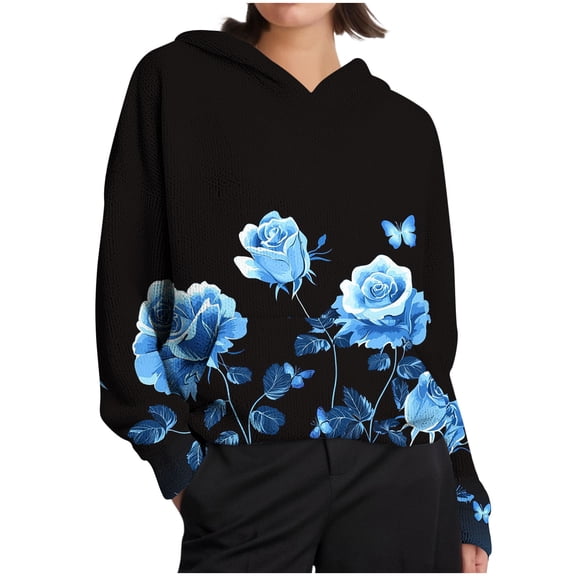 SwiftWear Women's Knit-Style Floral Print Drop-Shoulder Hoodie Soft Textured Pullover with Front Pocket, Relaxed Fit Casual Lounge Wear Tops for Everyday Style Blue