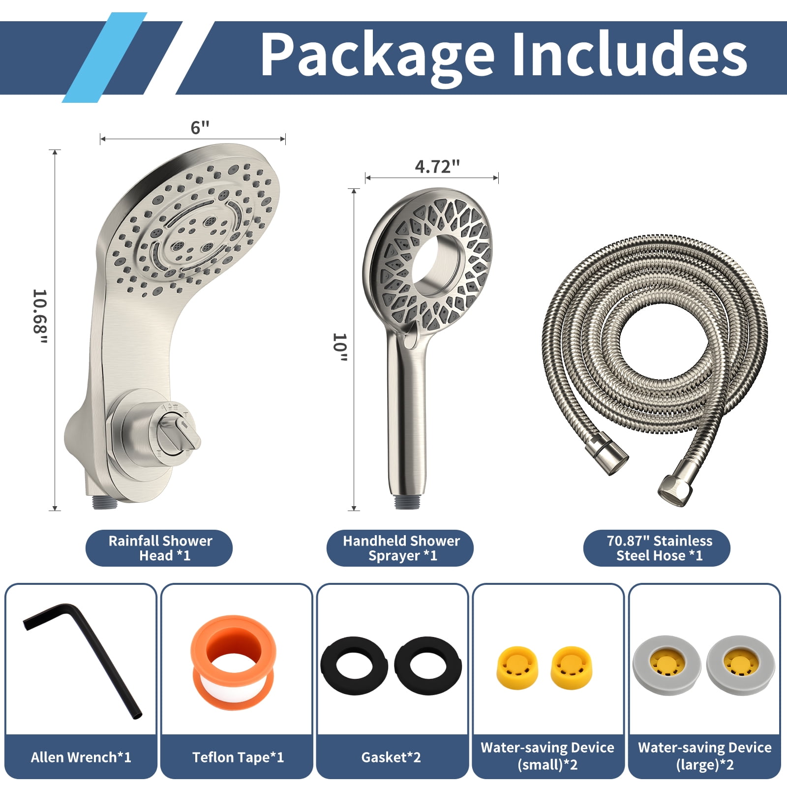 KAIYING Magnetic Handheld Shower Head and Rain Combo, Multi-Setting Spray with 71 Inch Hose, Brushed Nickel