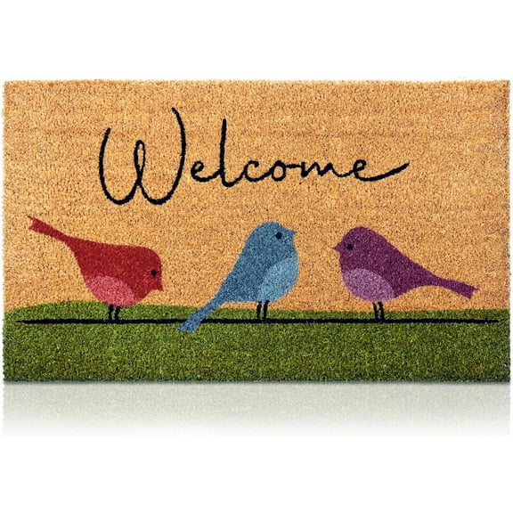 Colorful Birds - 29"x17" - Coir Door Mat with Heavy Duty Backing - Welcome Mats for Entryway, Porch - Anti-Slip PVC & Coconut Fiber Surface - Natural Home Accessories, Minimalist Original Design
