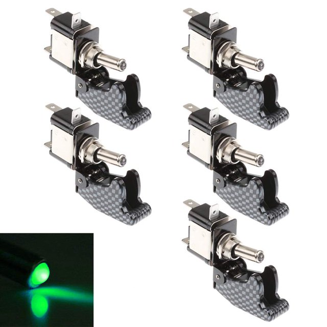 ESUPPORT Car Carbon Fiber Cover Green LED Light Rocker Toggle Switch SPST ON Off Pack of 5
