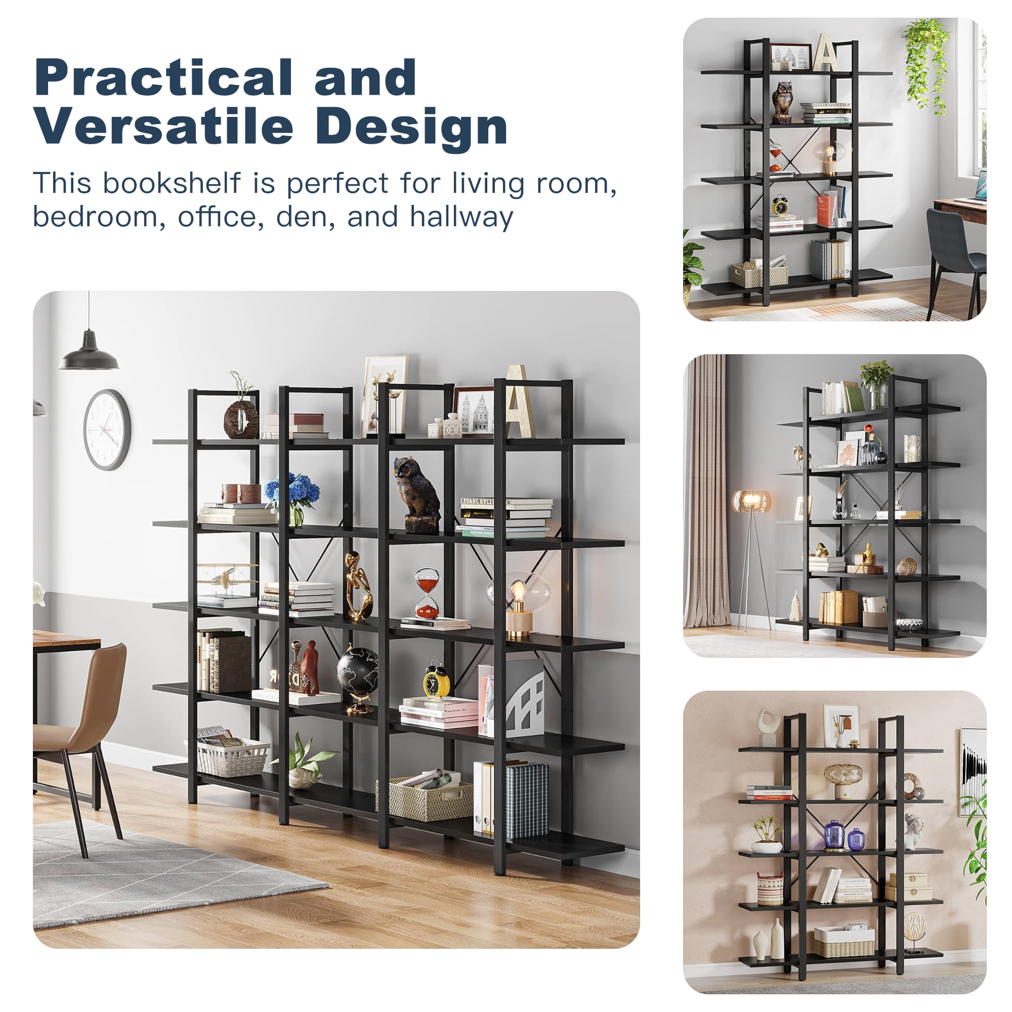 Demi Bonn 5 Tier Bookshelf, Bookshelves, Open Etagere Bookcase Shelf Storage Organizer, Free Standing Storage Shelving Unit for Bedroom, Living Room and Home Office, Black