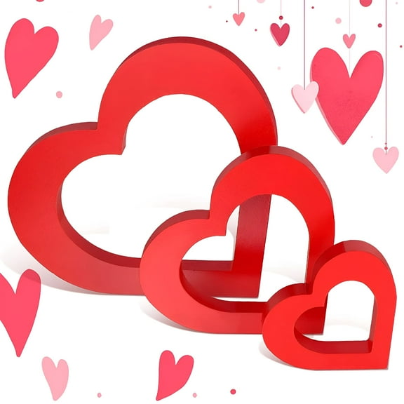 LAMIRO Valentine's Day Heart Wooden Sign Heart Shape Table Decoration Love Wood Decor Rustic Valentine Tabletop Centerpiece for Valentine's Day Home Kitchen Bedroom Decor (Red)