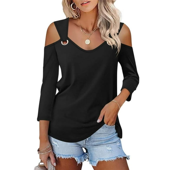 Tittly T Shirts for Women Tshirts Shirts Women's Tops V Neck 3/4 Sleeve Shirts Casual Blouses Cold Shoulder Tops Basic Tees Floral Print Tshirts Womens T Shirts Gym Clothes for Woman Black L