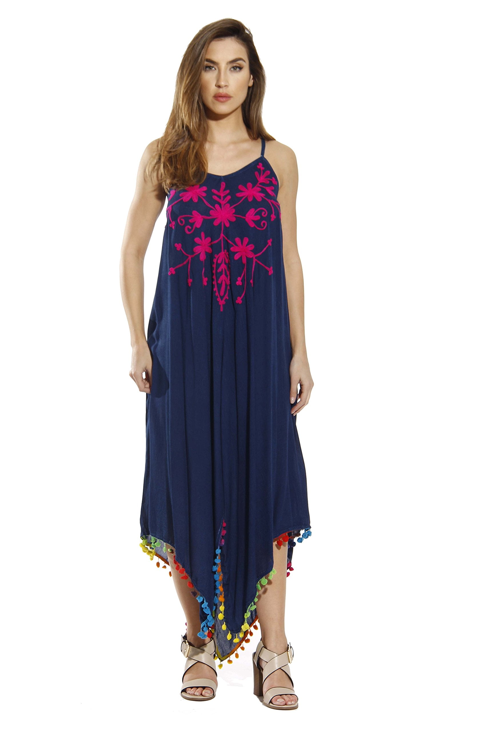 Riviera Sun Dress / Pom Pom Dresses for Women (Dark Denim with Fuchsia ...