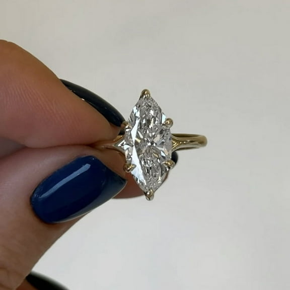 14K Gold-Plated Marquise-Cut Diamond Solitaire Ring, 7*14mm Engagement Ring for Women.