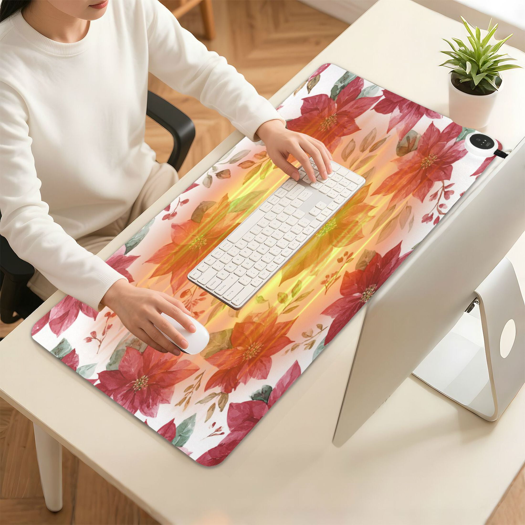 Wobogo Poinsettia Flowers Heated Mouse Pad Extra-Large Desk Mat With 3 Heating Levels and 3-hour Auto Shut-Off Protection Ideal for Computer Keyboards Home Office Hand-warming Essential 31.5in × 13in
