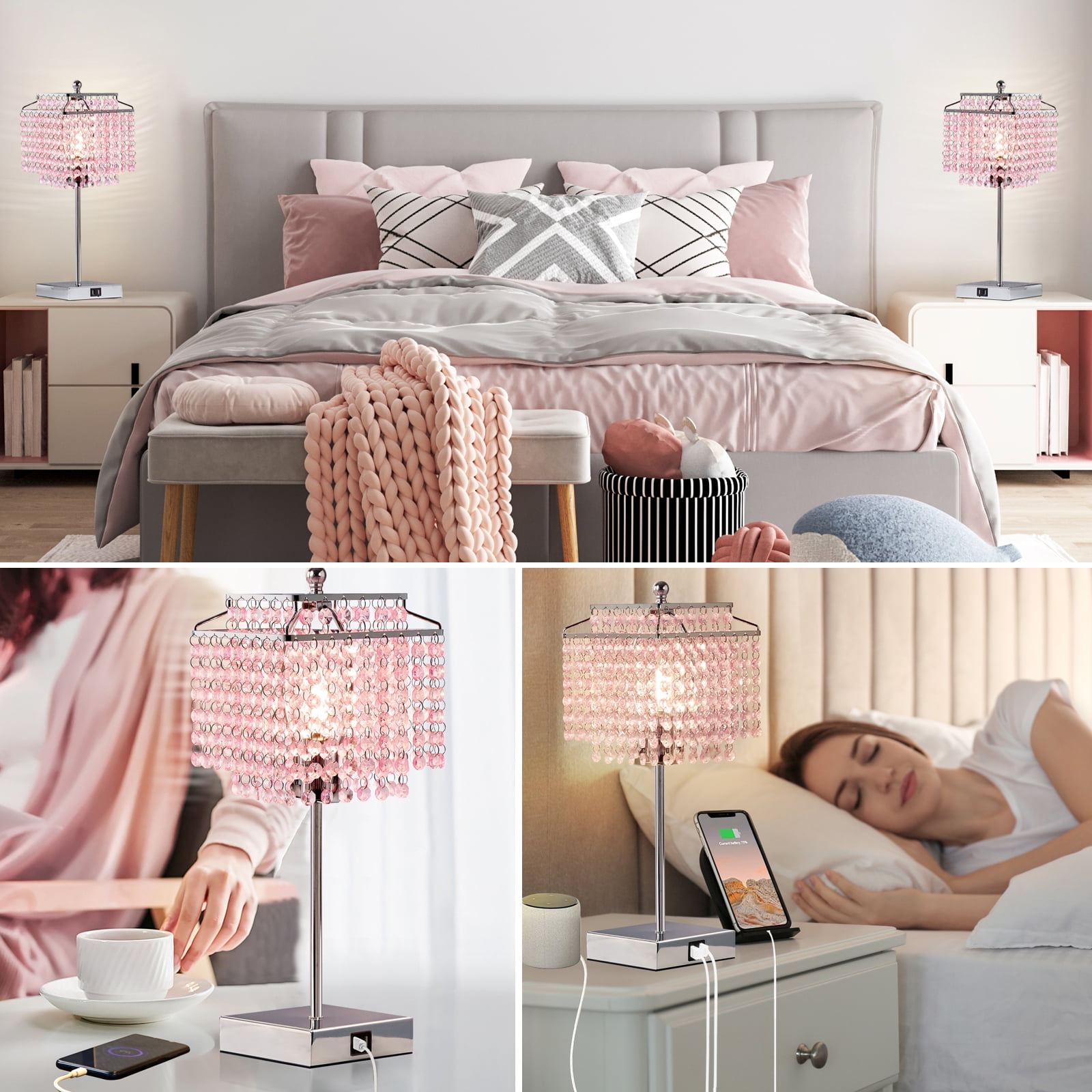NATYSWAN Crystal Touch Table Lamp, Pink Bedside Lamp with USB C+A Ports, 3-Way Dimmable Lamp with Crystal Shade, Nightstand Lamp for Girl Bedroom, Living Room, Bulb Included