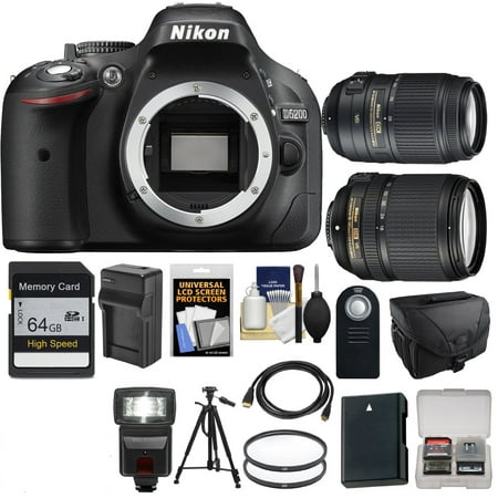 Nikon D5200 Digital SLR Camera Body (Black) with 18-140mm VR _ 55-300mm VR Zoom Lens + 64GB Card + Case + Flash
