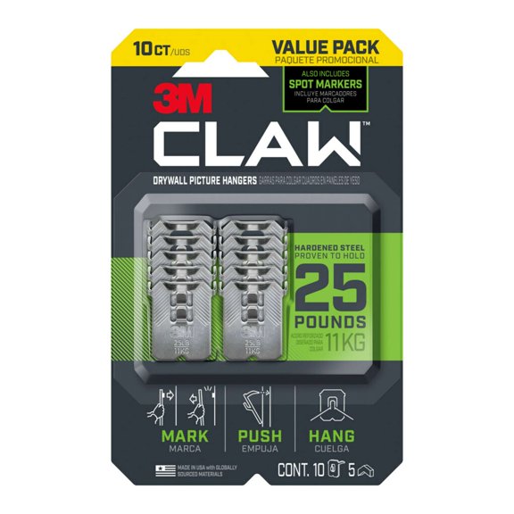 3M CLAW Drywall Picture Hanger with Spot Marker, Holds 25 lbs, 10 Hangers, 5 Markers