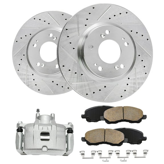 Detroit Axle - Front Drilled Rotors Brake Pads Right Caliper for 2007-2014 Sebring 200 Avenger Caliber Compass Patriot 2008 2009 2010 2011 2012 2013 Replacement