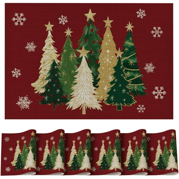 mubwai Red Xmas Trees Vinyl Christmas Placemats Set of 6, 12x18 Inch Washable Plastic Non-Slip Woven Winter Table Mats for Party Kitchen Dining Decor