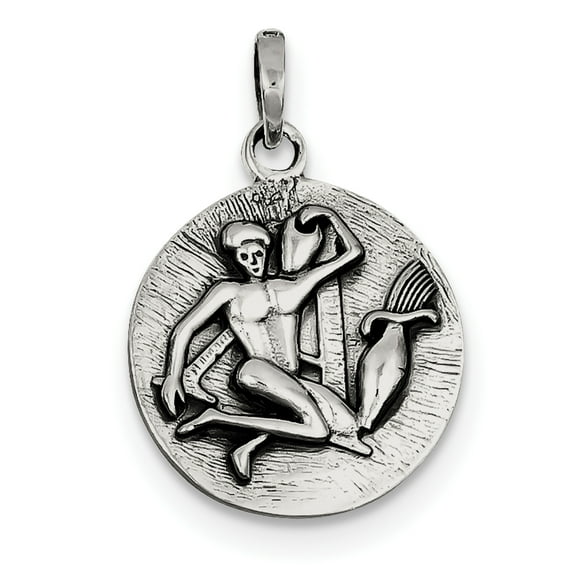 Sterling Silver Polished Antique Finish Aquarius Horoscope Pendant QC7422 (29mm x 19mm)
