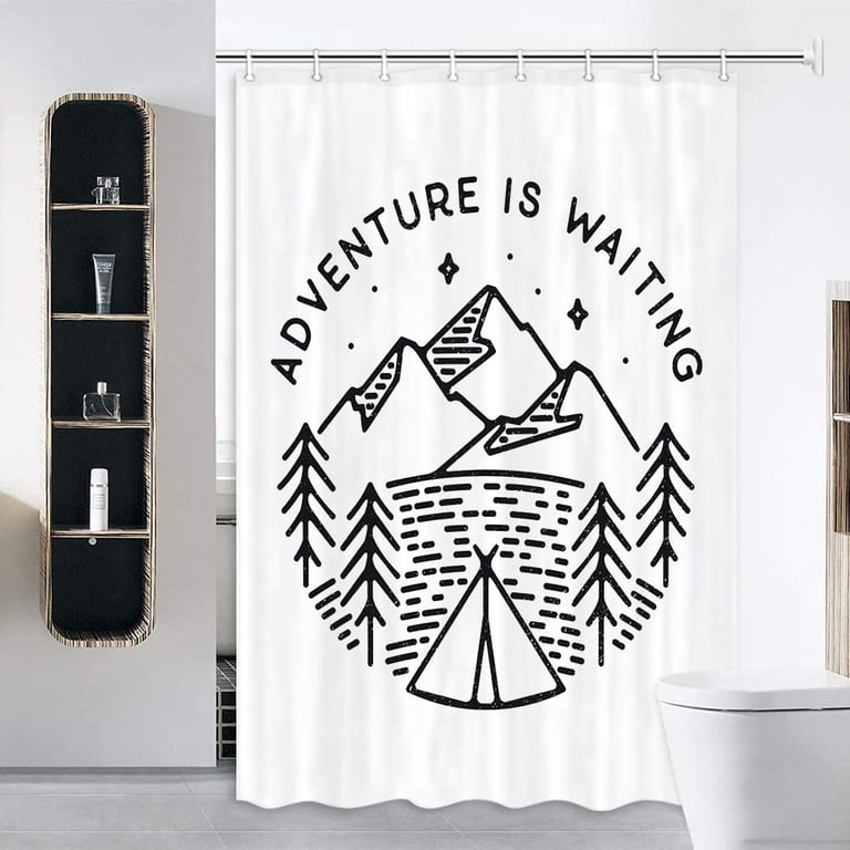 MERCHR Happy Camper RV Shower Curtain - Buffalo Plaid Trailer Design, 47" X 64" Polyester Fabric