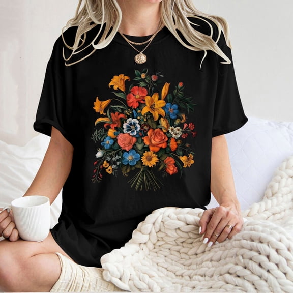 PNTUTB Women's Floral Pattern Short Sleeve Round Neck Drop Shoulder Sleeve T Shirt Comfortable Top