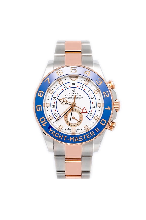 Pre-Owned Rolex Yacht-Master II 44MM 116681 White Dial Blue Bezel Two Tone 18K Rose Gold Oyster Bracelet