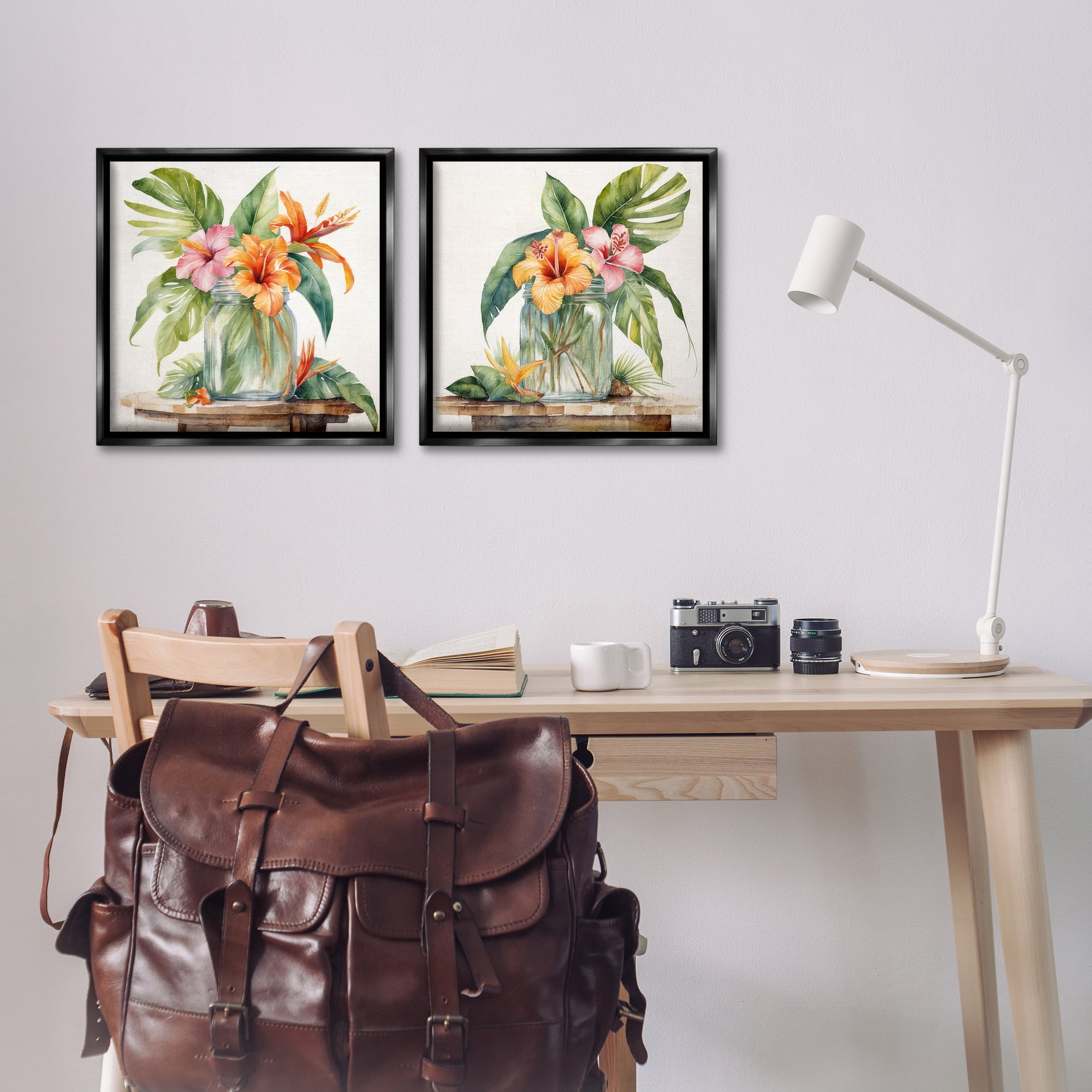 Stupell Industries Tropical Hibiscus Floral Jar Plants & Flowers Painting Black Floater Framed Canvas Art Print Wall Art, 18 x 18, Set of 2