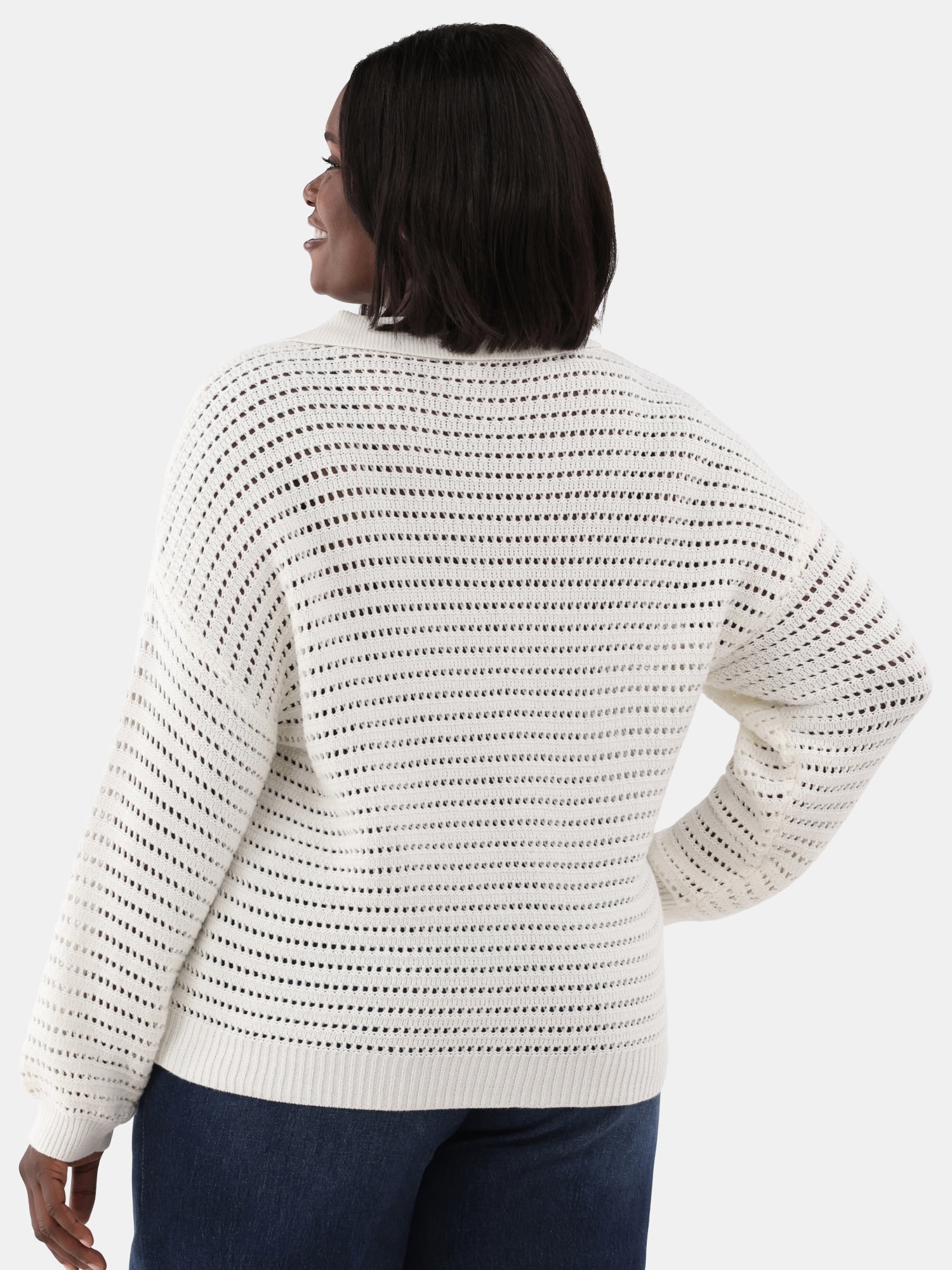Terra & Sky Women's Plus Size Open Stitch Sweater with Collar, Sizes 0X-5X