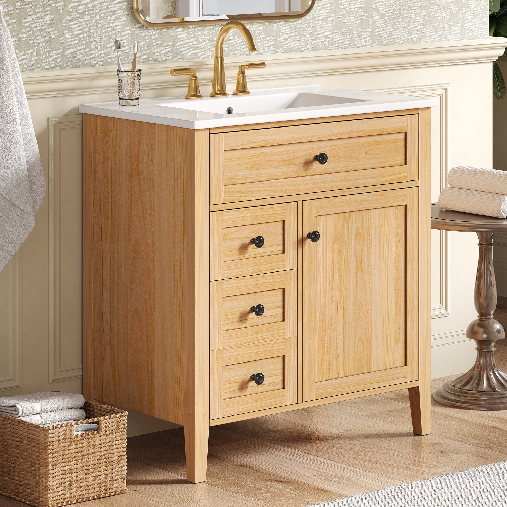 30" Natural Wood Grain Bathroom Vanity with Ceramic Sink, Solid Wood Legs, Soft-Close Mechanism, Tip-Out Drawer & Storage Shelf on Door, Adjustable Shelf