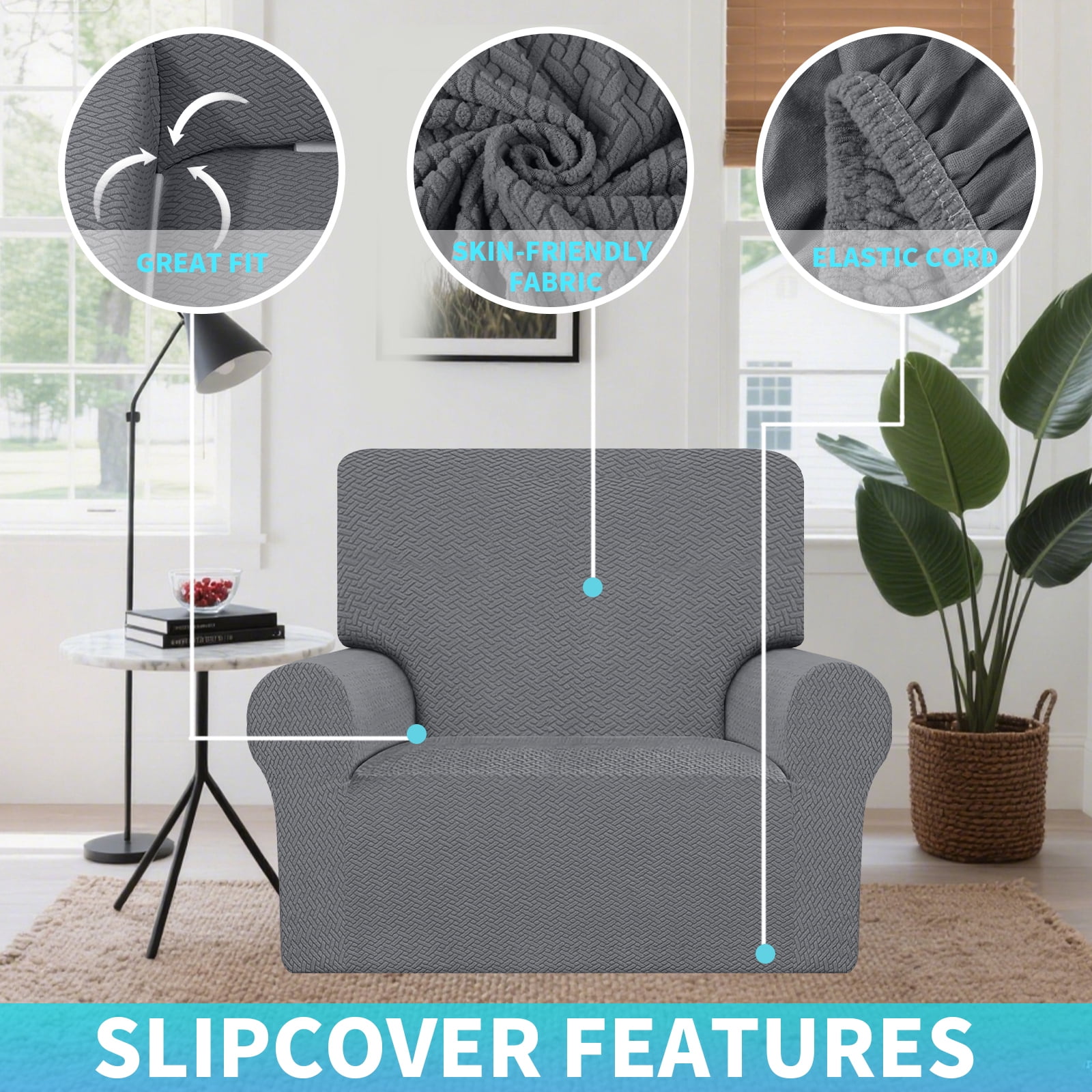 Debonair Stretch Jacquard Couch Cover with 1 Pillowcase, 1-Piece Soft Sofa Cover, Sofa Slipcover with Anti-Slip Foams, Washable Furniture Protector for Pets (Chair, Dark Gray)