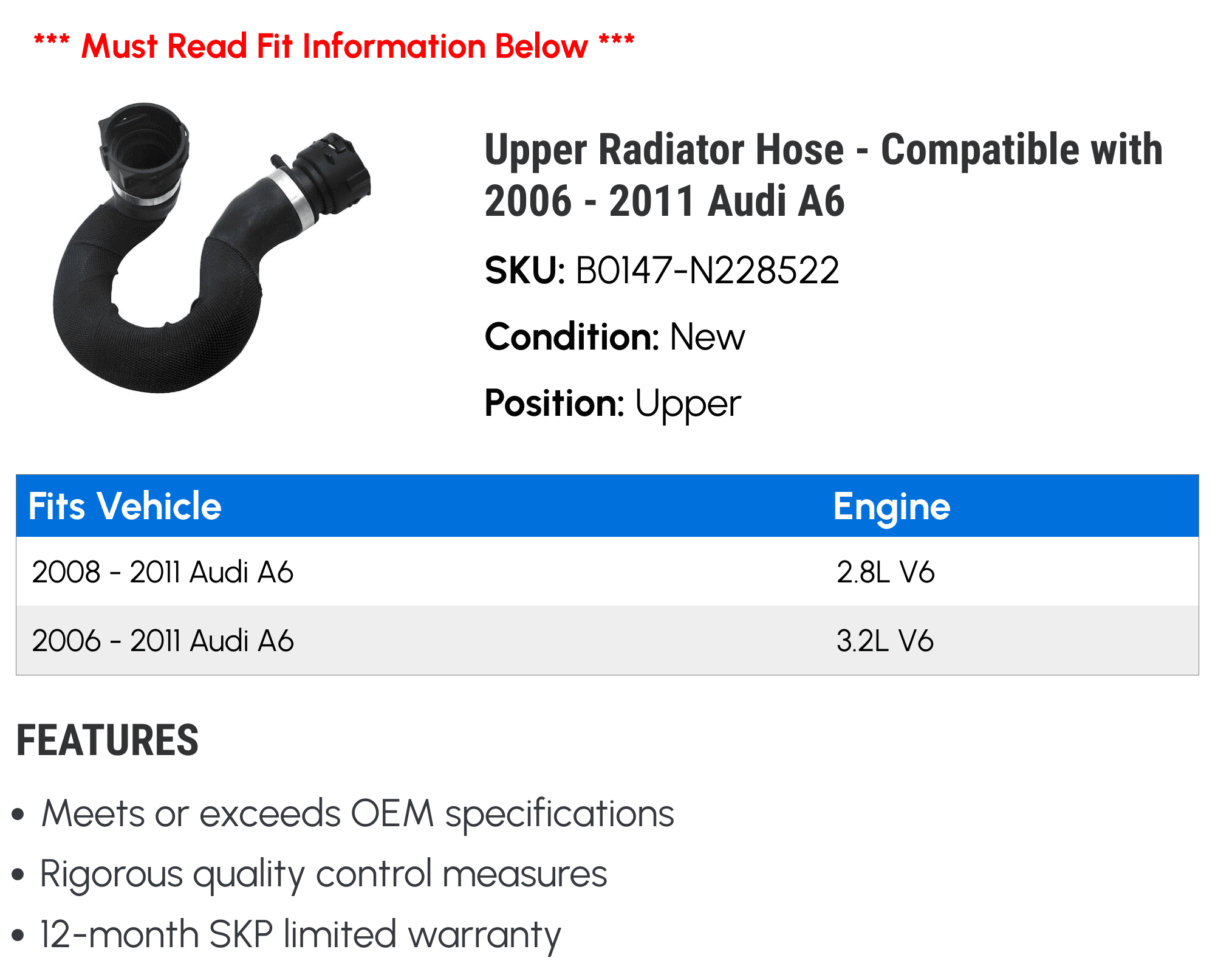 Upper Radiator Hose - Compatible with 2006 - 2011 Audi A6 2007 2008 2009 2010