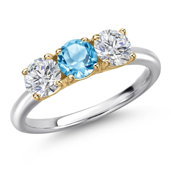 Gem Stone King 925 Silver and 10K Yellow Gold Swiss Blue Topaz and Lab Grown Diamond Engagement Ring for Women | 1.65 Cttw | Round 5MM | Gemstone November Birthstone | Size 9