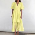 thumbnail image 2 of Mikilon Robes d'Été pour Femmes Ensemble Jupe Sexy Lanterne Manches Courtes Robe à Carreaux Sexy Col en V Profond Robes de Mode Décontractées Taille Haute Robe de Soirée Unie avec Fente Jaune L, 2 of 6