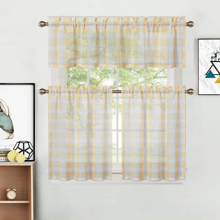 Homerry Plaid Kitchen Curtains Linen Look Small Valance Camper Rv Decor Light Filtering Ds For Home 26 W X 30 L Yellow And White 2 Panels Com