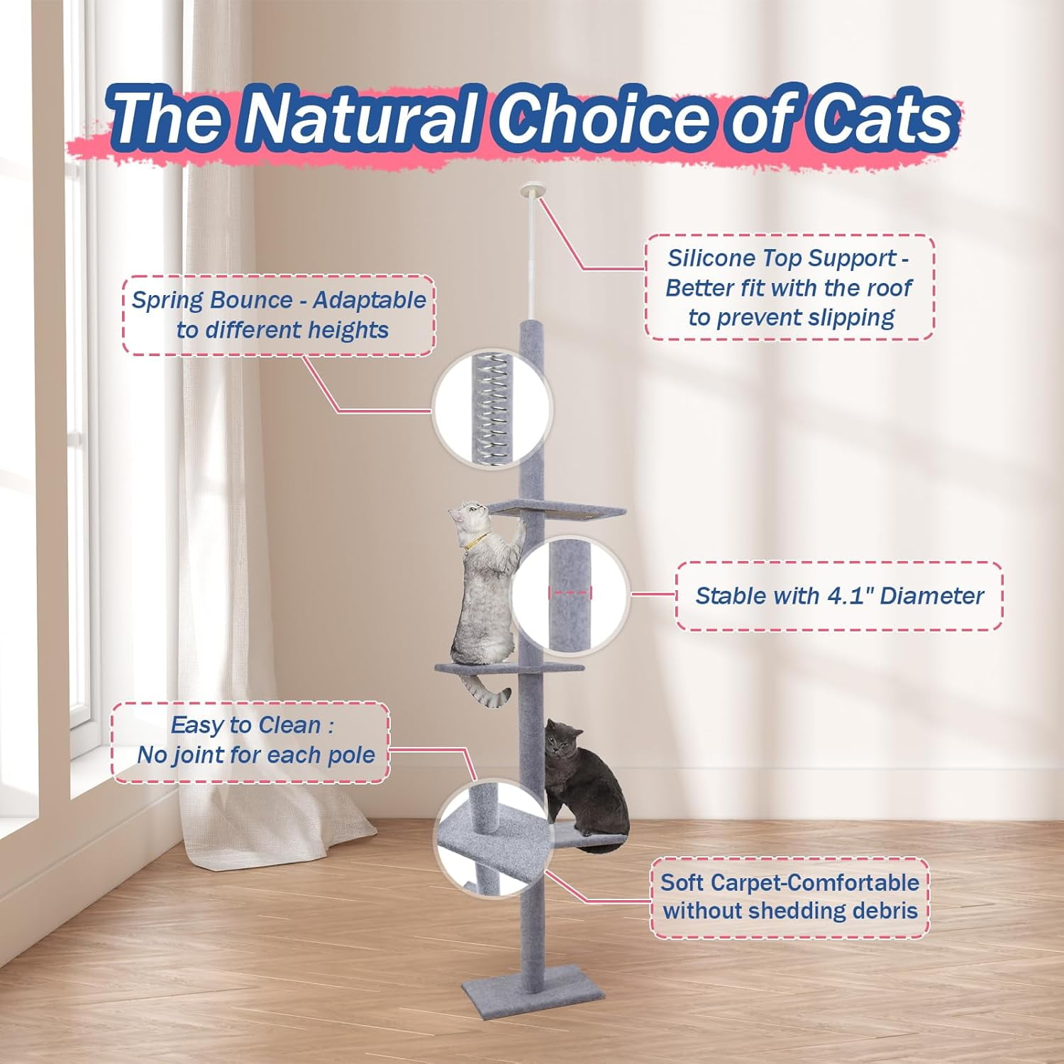 Cat Craft Floor to Ceiling 4-Level Cat Tree Tower, Adjustable to Fit 7.5-9 Foot Tall Ceiling, Gray