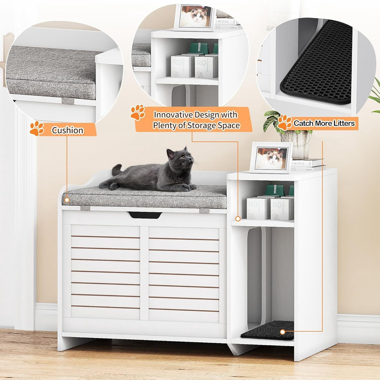 FOLDLIFE Cat Litter Box Enclosure with Top Opening and Cushion, Hidden Cat Litter Box Furniture, Cat Litter Box Cabinet, Cat House, Privacy Wooden Pet Cat Toilet for Kitten,White