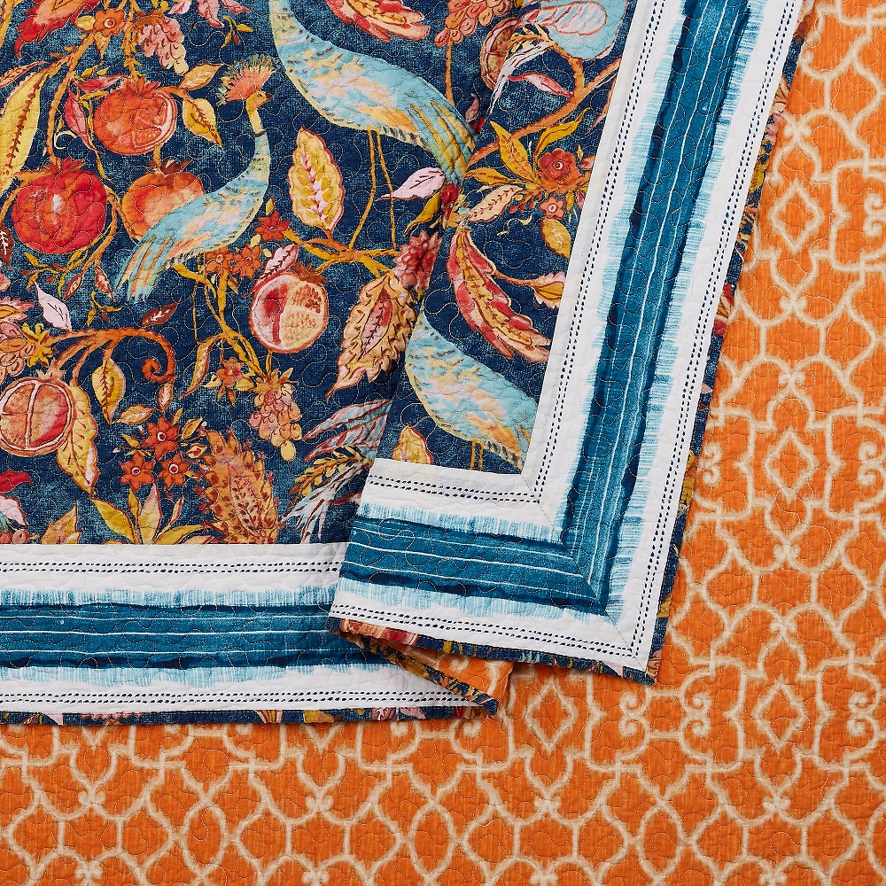 Dena Home Blue Peacock Garden 3-Piece Quilt Set, Full/Queen