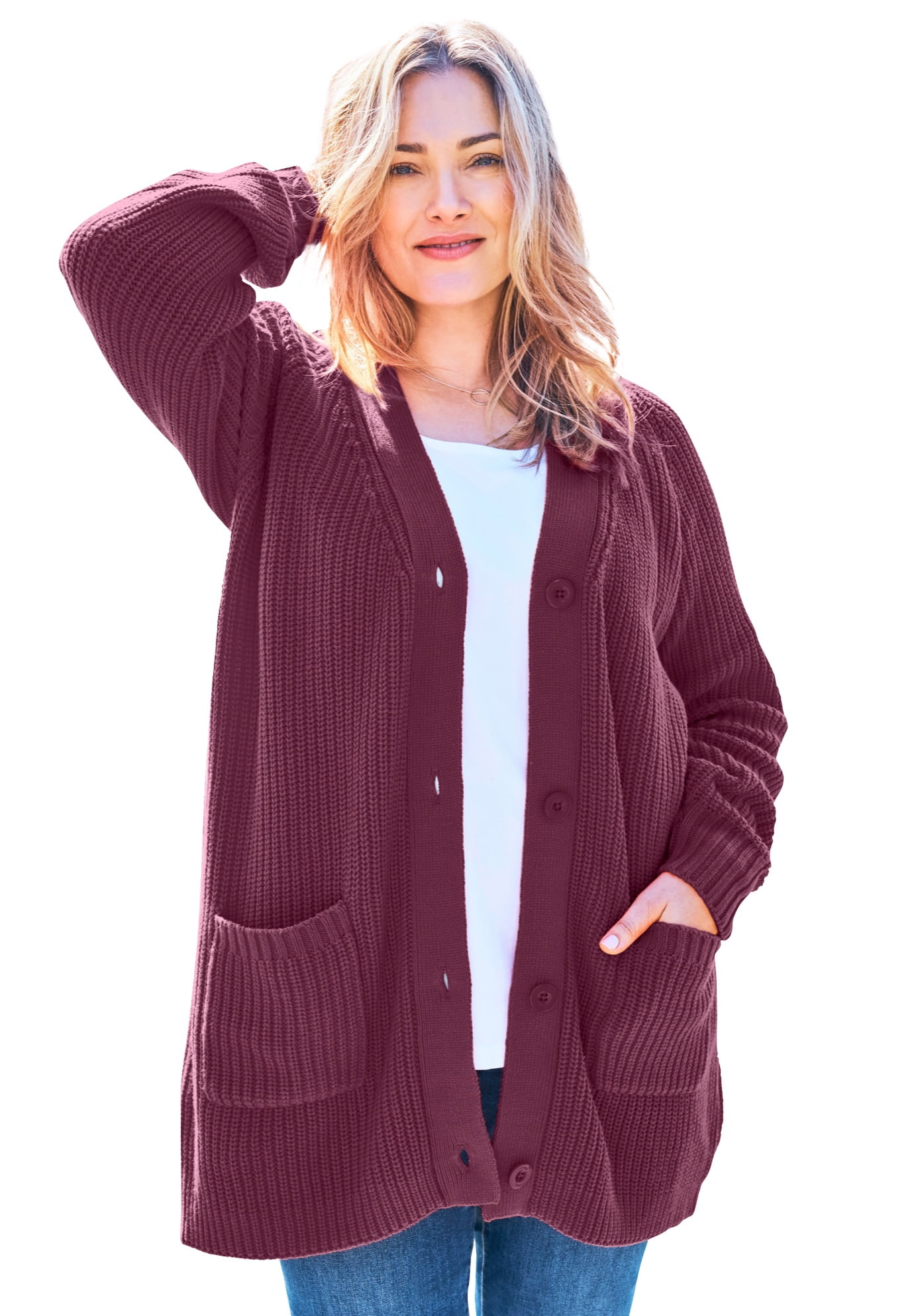 Woman Within Womens Plus Size Zip Front Shaker Cardigan 