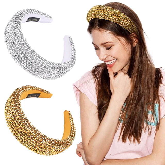 2 diademas doradas para mujer, diadema con diamantes de imitación y cuentas brillantes de 4 cm de ancho, diademas acolchadas para mujer plateadas y doradas