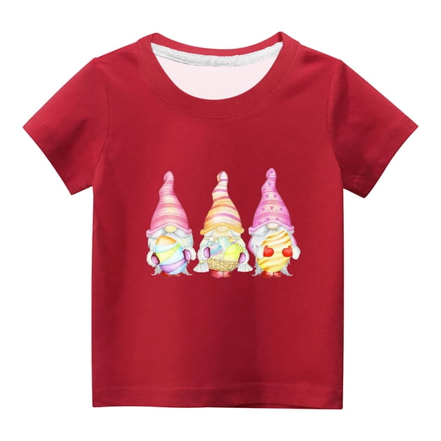 Penkiiy T-Shirts de Pâques pour Enfants Tout-Petits Garçons Filles Mode Nain de Pâques Œufs de Pâques Imprimé Col Rond Manches Courtes 4 Ans Rouge