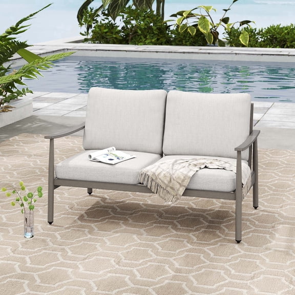 HAPPATIO Outdoor Loveseat Sofa, Aluminum Single Sofa, Rope Design Backrest, with Comfortable Cushions, All Weather Furniture, for Yard, Deck, Porch